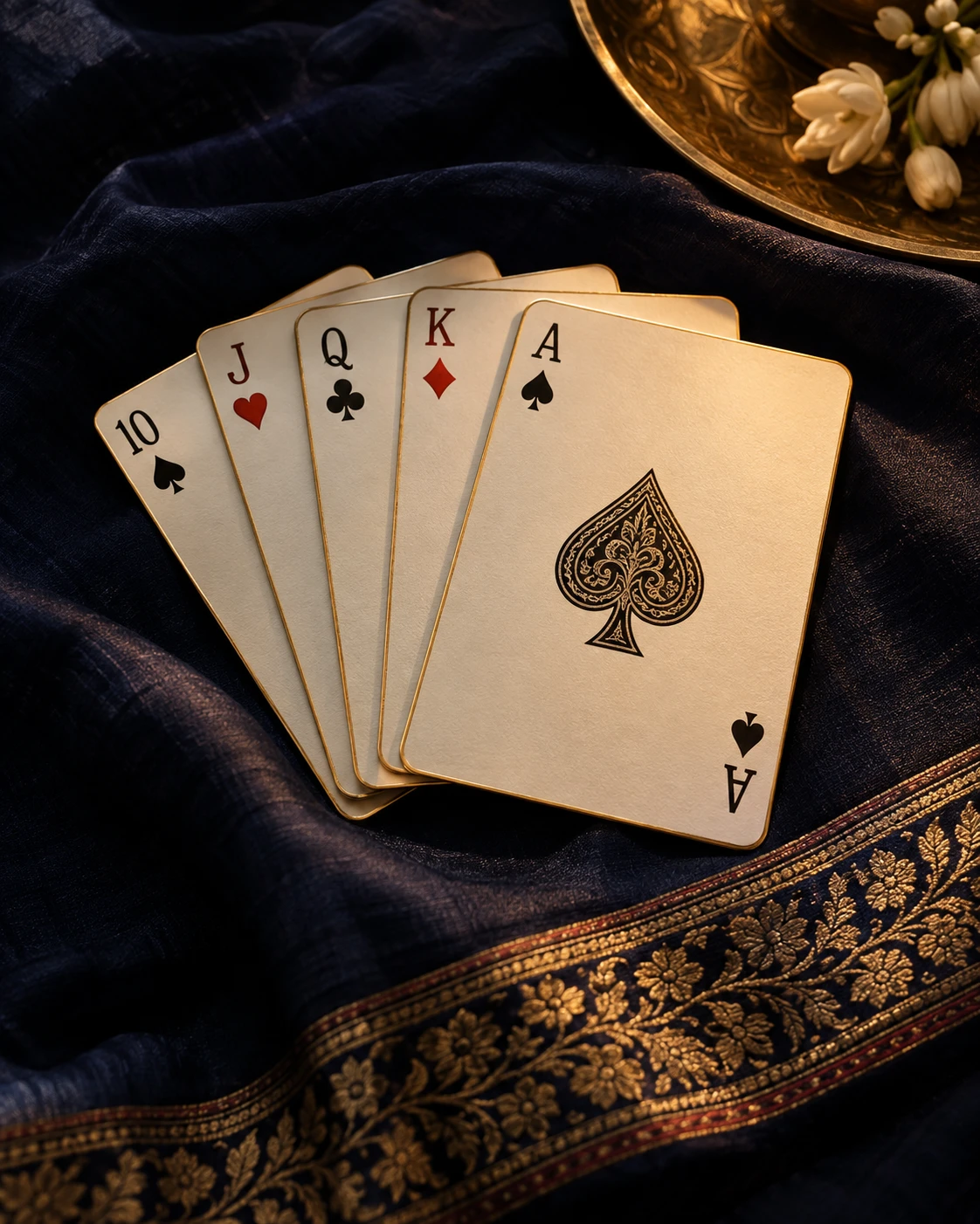 An ivory fan of playing cards on indigo fabric in warm golden light